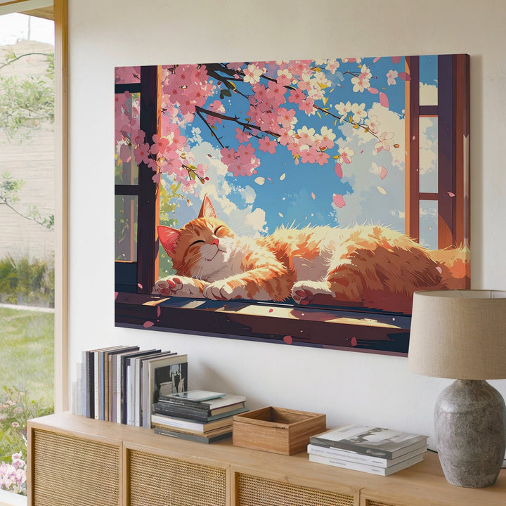 Springtime Serenity Canvas – Light Orange Cat Resting by Cherry Blossoms - Gifitto