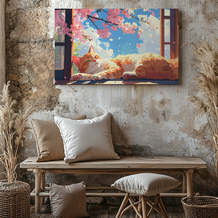 Springtime Serenity Canvas – Light Orange Cat Resting by Cherry Blossoms - Gifitto