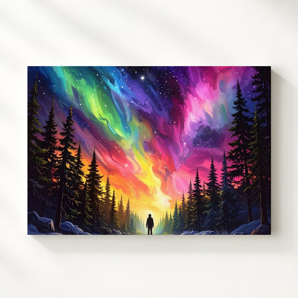 Aurora Wonder Canvas – Lone Figure Beneath Northern Lights in Snowy Forest - Gifitto