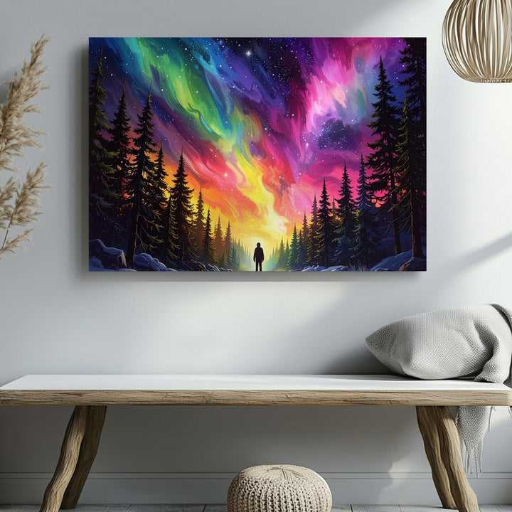 Aurora Wonder Canvas – Lone Figure Beneath Northern Lights in Snowy Forest - Gifitto