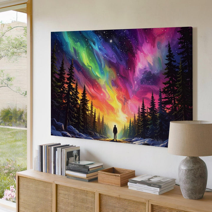 Aurora Wonder Canvas – Lone Figure Beneath Northern Lights in Snowy Forest - Gifitto