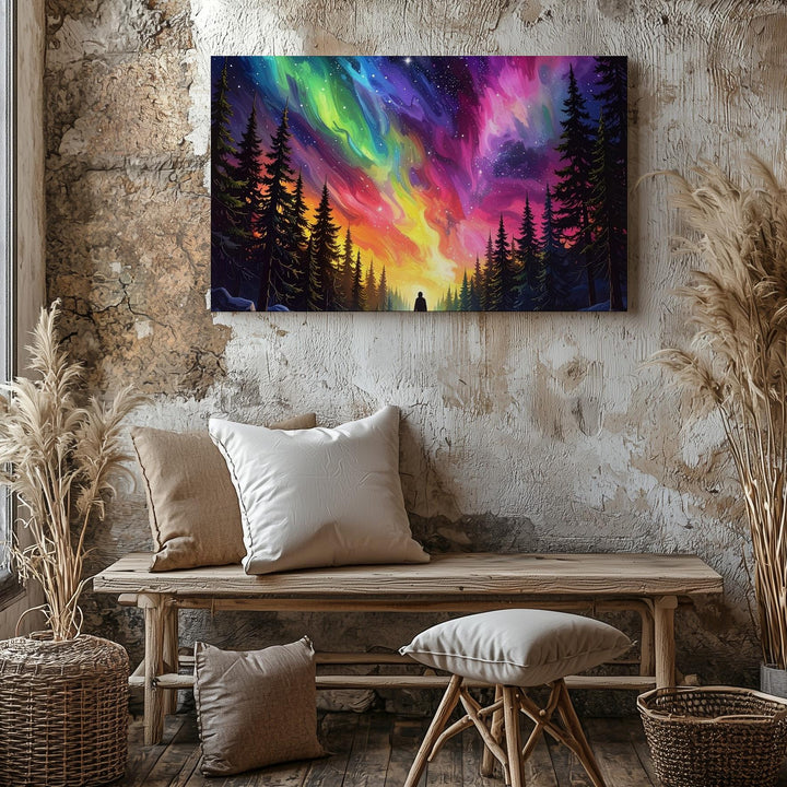 Aurora Wonder Canvas – Lone Figure Beneath Northern Lights in Snowy Forest - Gifitto
