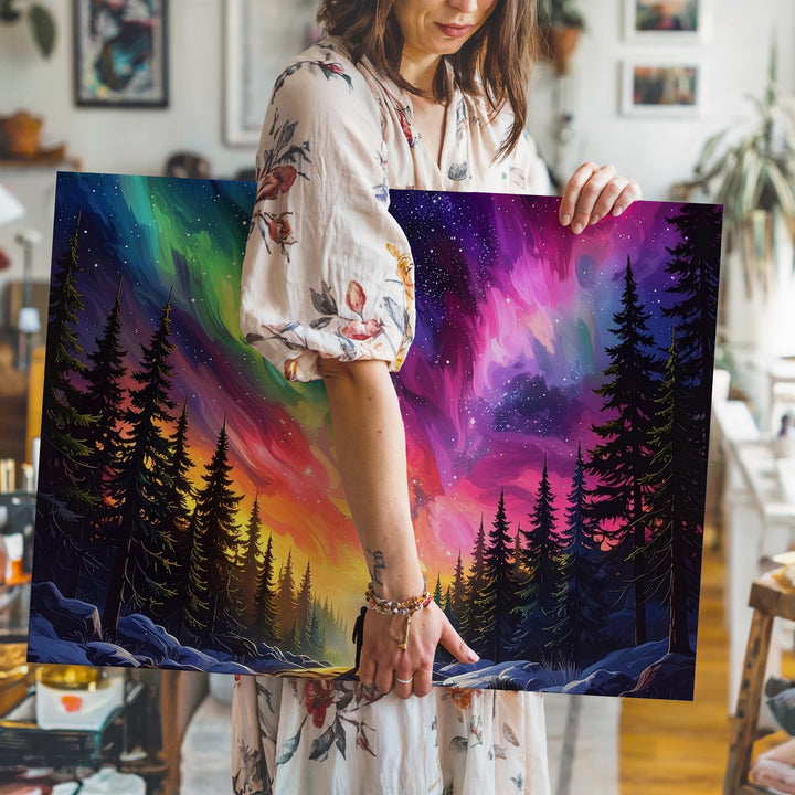 Aurora Wonder Canvas – Lone Figure Beneath Northern Lights in Snowy Forest - Gifitto