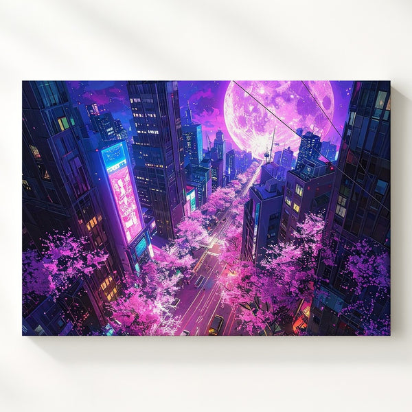 Surreal Neon Cityscape Canvas – Cherry Blossoms & Futuristic Moonlit Skyline - Gifitto