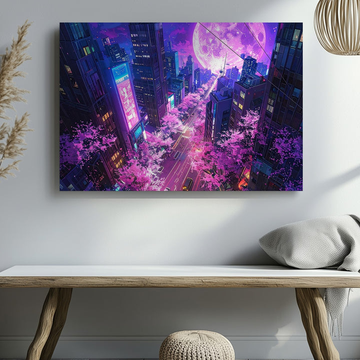 Surreal Neon Cityscape Canvas – Cherry Blossoms & Futuristic Moonlit Skyline - Gifitto