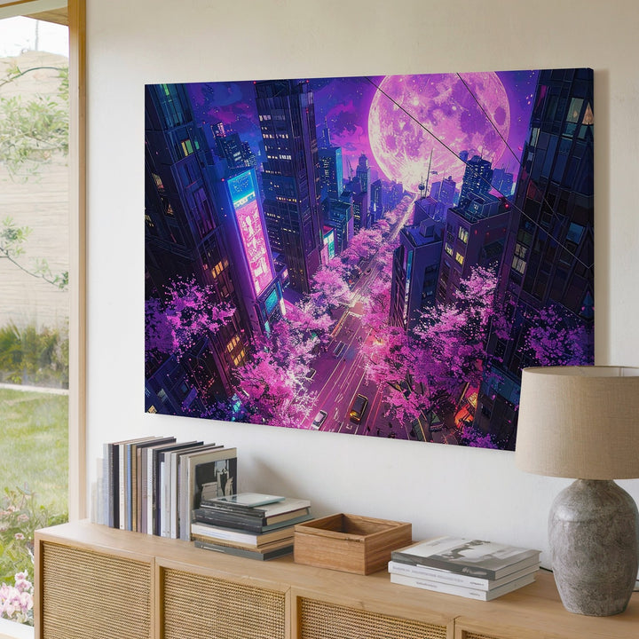 Surreal Neon Cityscape Canvas – Cherry Blossoms & Futuristic Moonlit Skyline - Gifitto