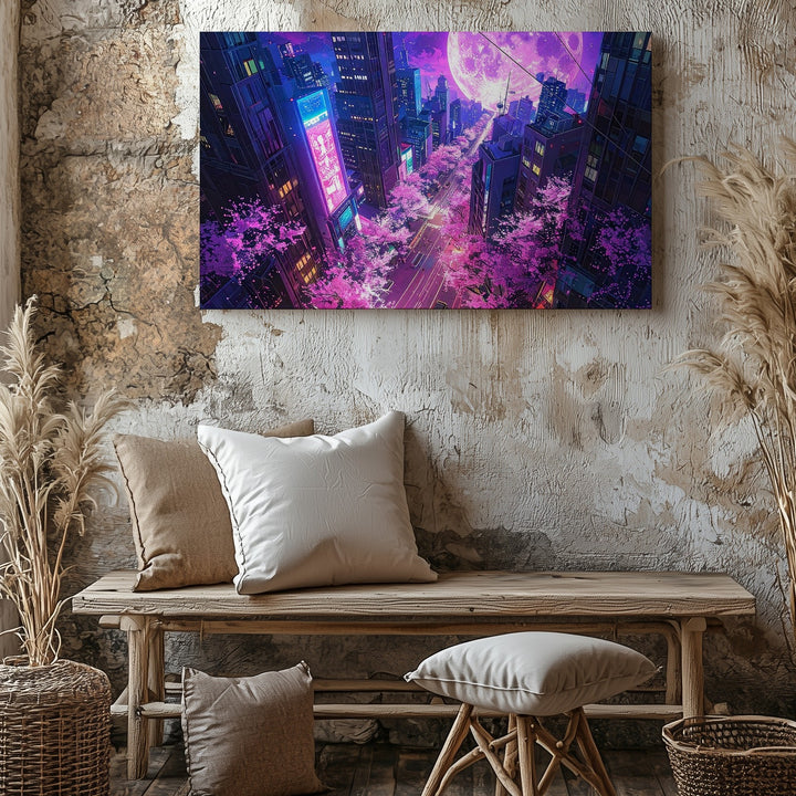 Surreal Neon Cityscape Canvas – Cherry Blossoms & Futuristic Moonlit Skyline - Gifitto