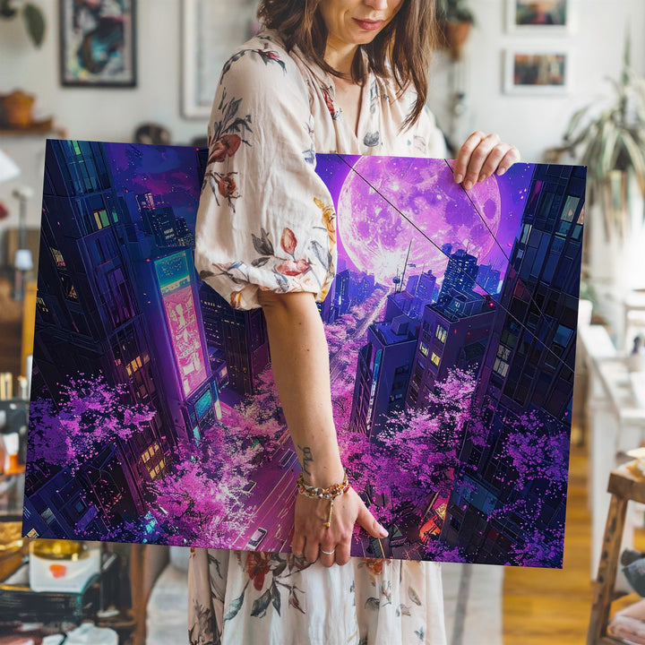 Surreal Neon Cityscape Canvas – Cherry Blossoms & Futuristic Moonlit Skyline - Gifitto