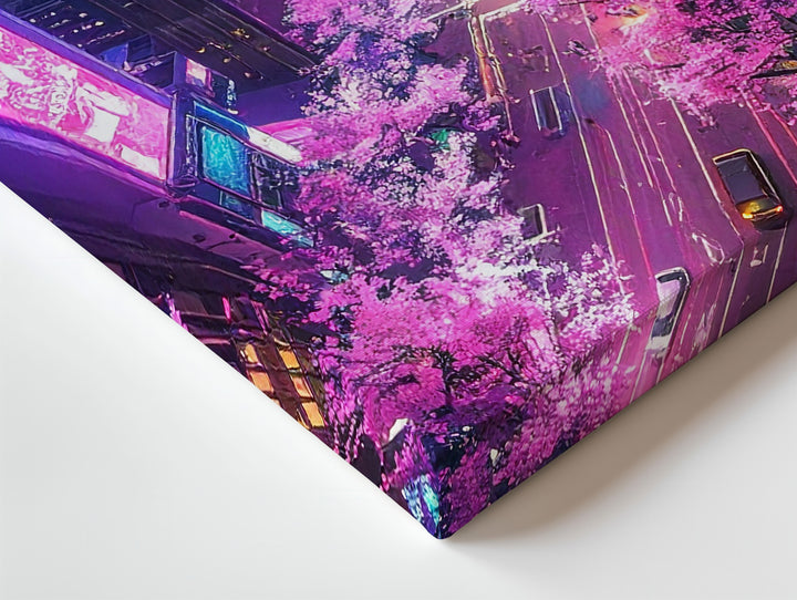 Surreal Neon Cityscape Canvas – Cherry Blossoms & Futuristic Moonlit Skyline - Gifitto