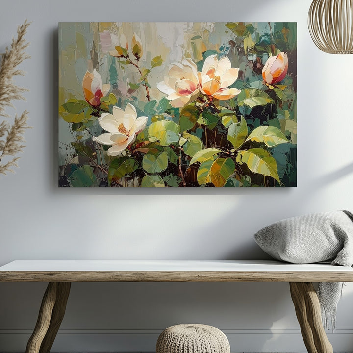 Morning Magnolia Garden Canvas – Abstract Floral Wall Art in Soft Peach Tones - Gifitto