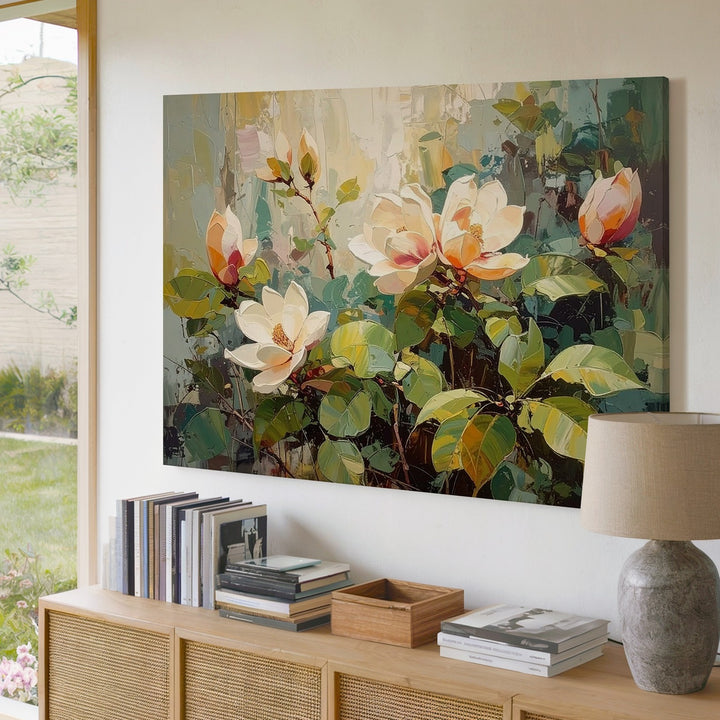 Morning Magnolia Garden Canvas – Abstract Floral Wall Art in Soft Peach Tones - Gifitto