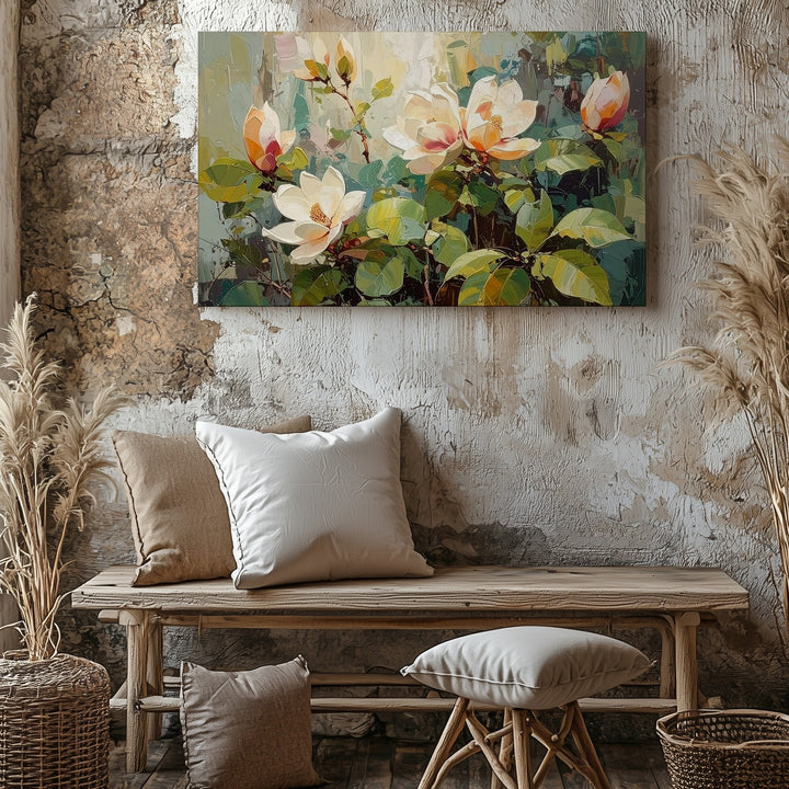 Morning Magnolia Garden Canvas – Abstract Floral Wall Art in Soft Peach Tones - Gifitto