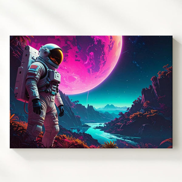 Astronaut on Alien Planet Canvas – Glowing Planet and Lush Landscape - Gifitto