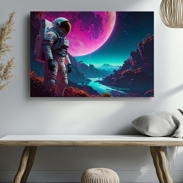 Astronaut on Alien Planet Canvas – Glowing Planet and Lush Landscape - Gifitto
