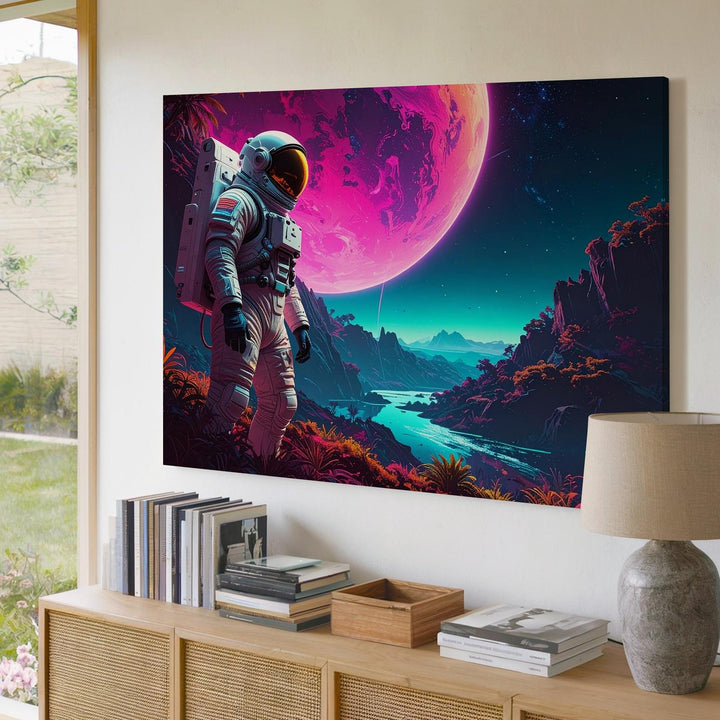 Astronaut on Alien Planet Canvas – Glowing Planet and Lush Landscape - Gifitto
