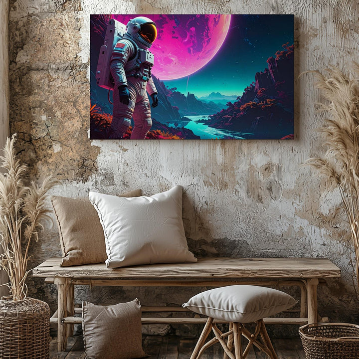 Astronaut on Alien Planet Canvas – Glowing Planet and Lush Landscape - Gifitto