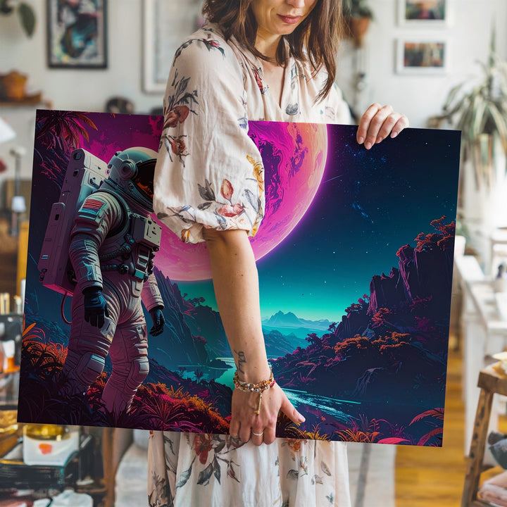 Astronaut on Alien Planet Canvas – Glowing Planet and Lush Landscape - Gifitto