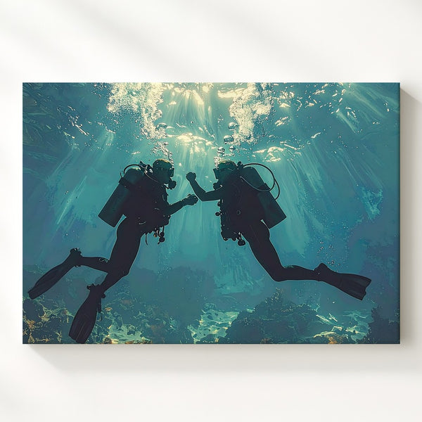 Deep Connection Canvas – Scuba Divers Touching Hands Underwater - Gifitto