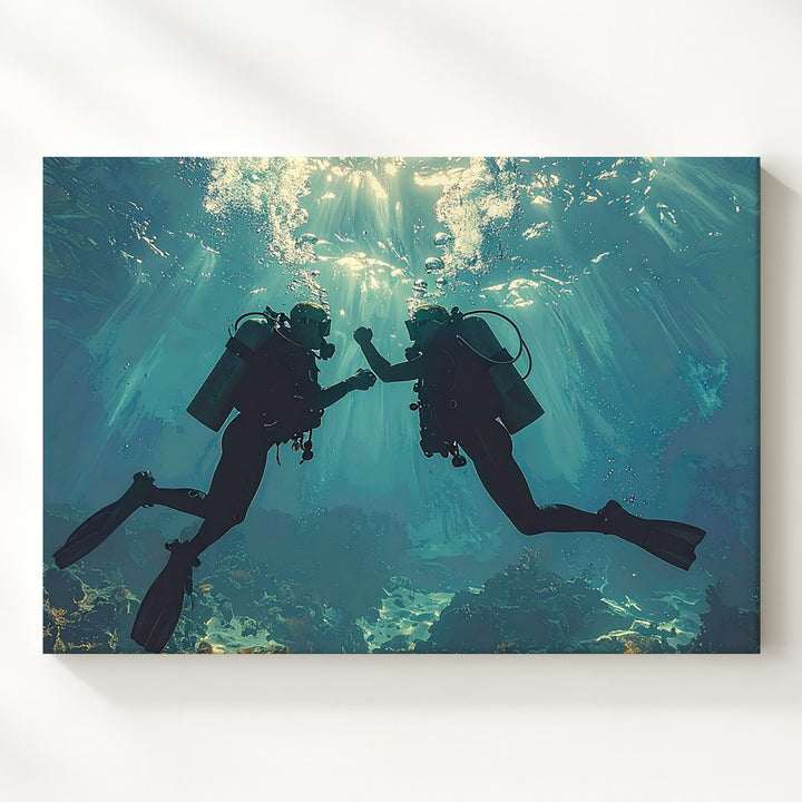 Deep Connection Canvas – Scuba Divers Touching Hands Underwater - Gifitto