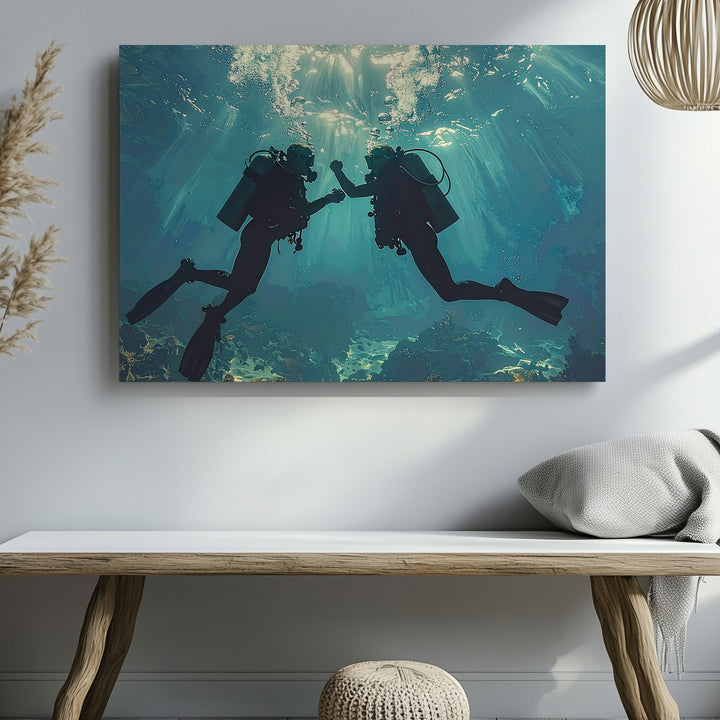 Deep Connection Canvas – Scuba Divers Touching Hands Underwater - Gifitto