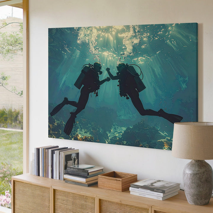 Deep Connection Canvas – Scuba Divers Touching Hands Underwater - Gifitto