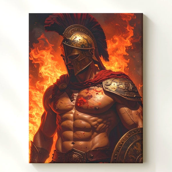 Fiery Greek Warrior Canvas – Dark Fantasy Martial Valor Art - Gifitto