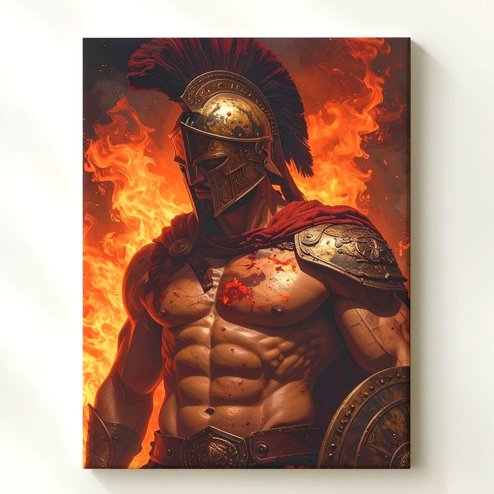 Fiery Greek Warrior Canvas – Dark Fantasy Martial Valor Art - Gifitto