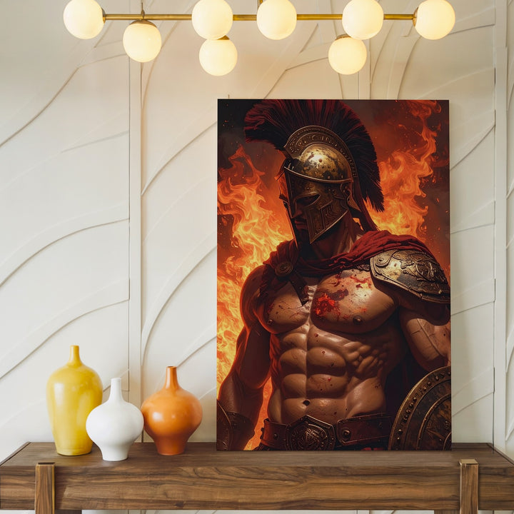 Fiery Greek Warrior Canvas – Dark Fantasy Martial Valor Art - Gifitto