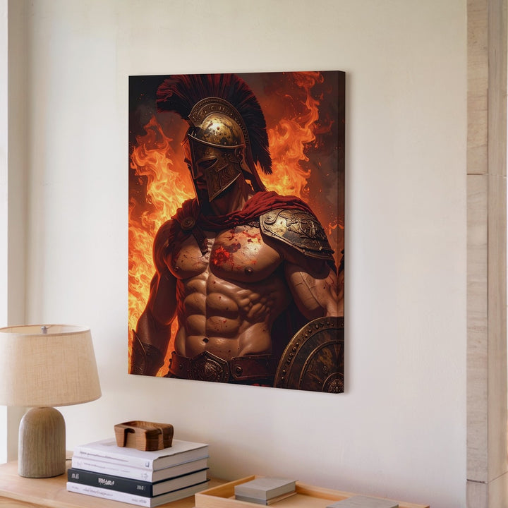 Fiery Greek Warrior Canvas – Dark Fantasy Martial Valor Art - Gifitto