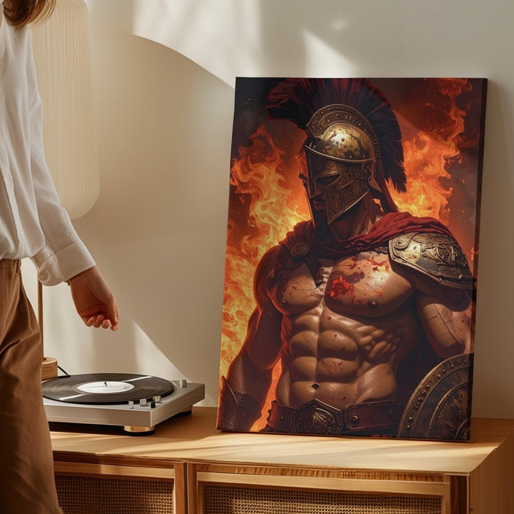 Fiery Greek Warrior Canvas – Dark Fantasy Martial Valor Art - Gifitto