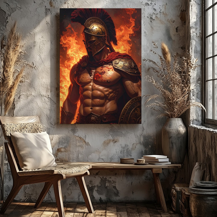 Fiery Greek Warrior Canvas – Dark Fantasy Martial Valor Art - Gifitto