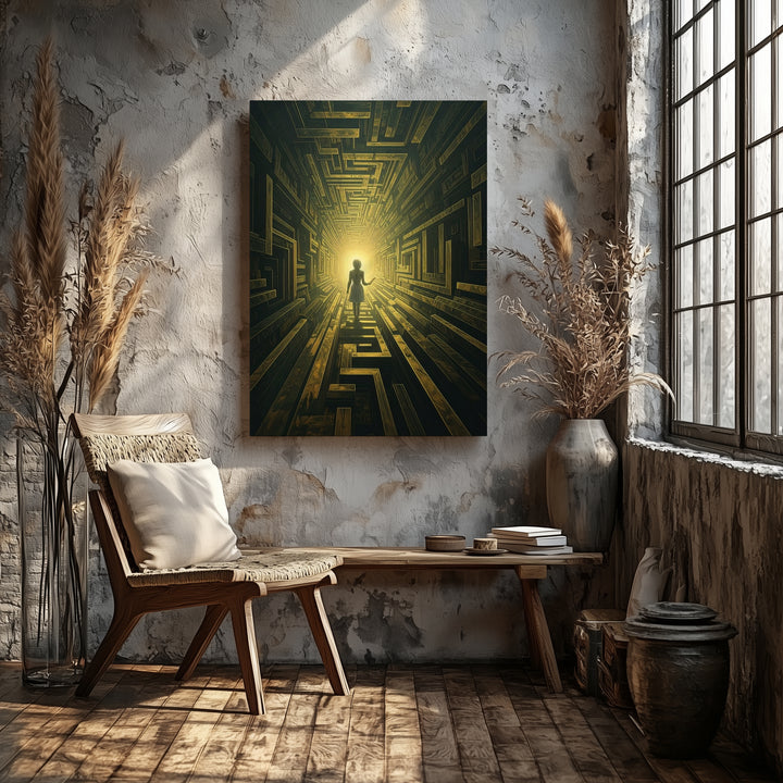 Futuristic Maze Canvas – Space Suit Figure in Glowing Labyrinth of Technology - Gifitto