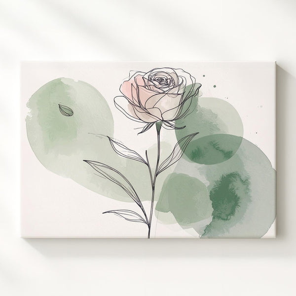 Rose Stem Canvas – Minimalist Black Line Art with Watercolor Accents - Gifitto