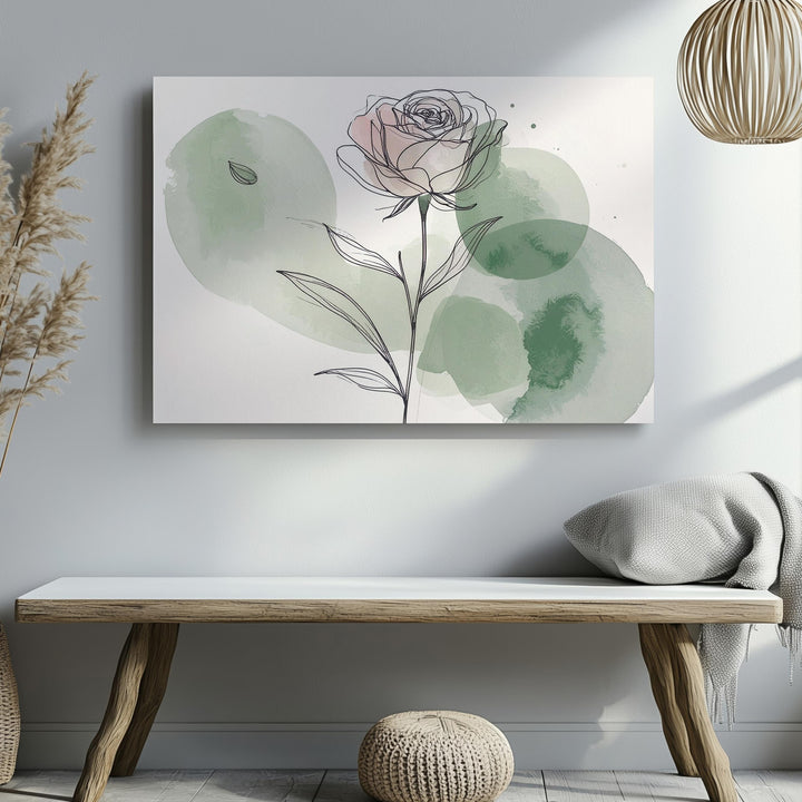Rose Stem Canvas – Minimalist Black Line Art with Watercolor Accents - Gifitto