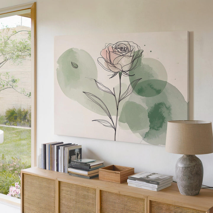Rose Stem Canvas – Minimalist Black Line Art with Watercolor Accents - Gifitto