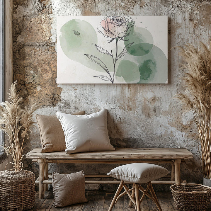 Rose Stem Canvas – Minimalist Black Line Art with Watercolor Accents - Gifitto