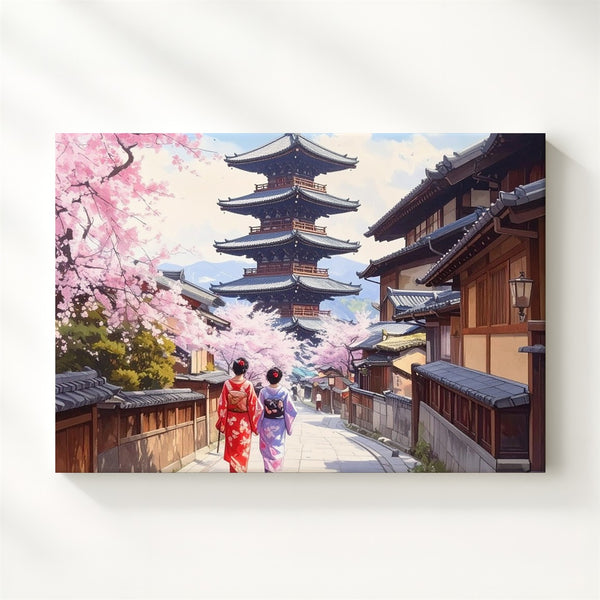 Kimono Stroll in Kyoto Canvas – Japanese Pagoda & Springtime Street Art - Gifitto
