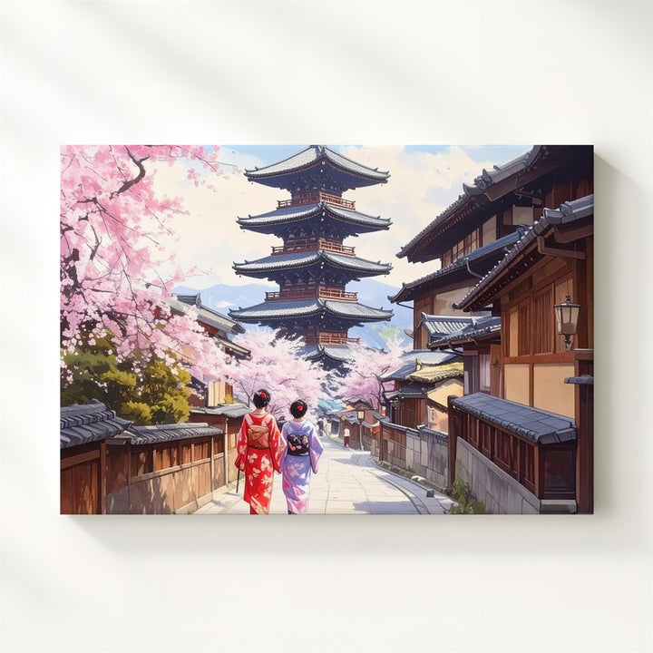 Kimono Stroll in Kyoto Canvas – Japanese Pagoda & Springtime Street Art - Gifitto