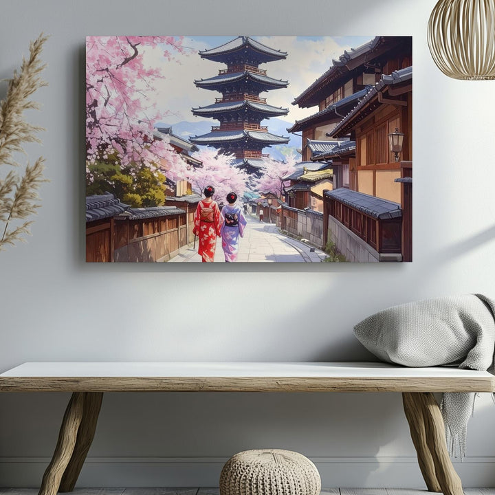 Kimono Stroll in Kyoto Canvas – Japanese Pagoda & Springtime Street Art - Gifitto