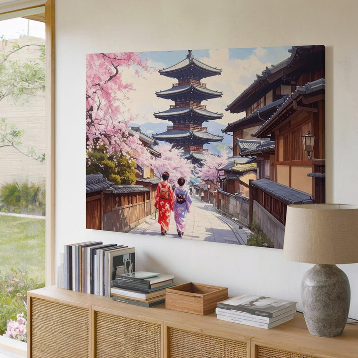 Kimono Stroll in Kyoto Canvas – Japanese Pagoda & Springtime Street Art - Gifitto