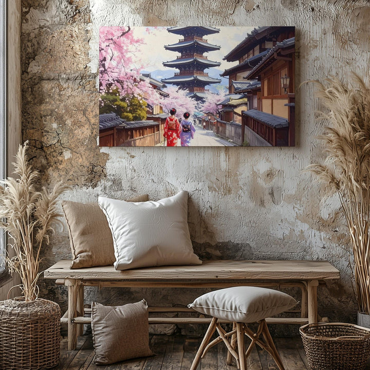 Kimono Stroll in Kyoto Canvas – Japanese Pagoda & Springtime Street Art - Gifitto