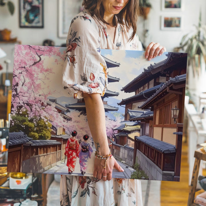 Kimono Stroll in Kyoto Canvas – Japanese Pagoda & Springtime Street Art - Gifitto