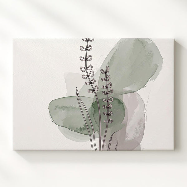 Minimal Botanical Stem Canvas – Black Line Art with Green Watercolor Accents - Gifitto