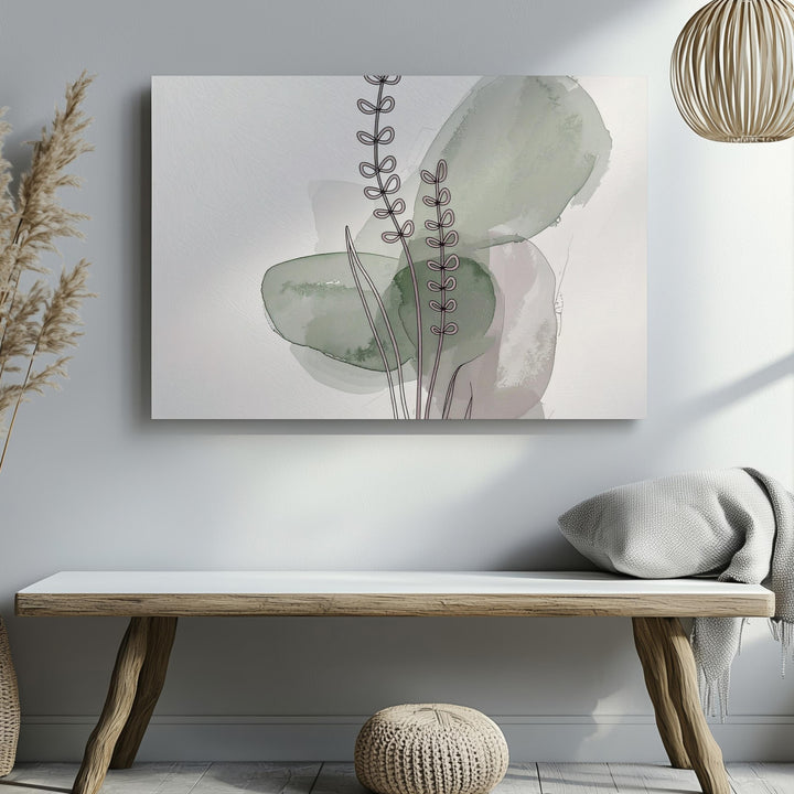 Minimal Botanical Stem Canvas – Black Line Art with Green Watercolor Accents - Gifitto