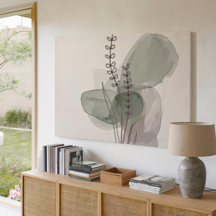 Minimal Botanical Stem Canvas – Black Line Art with Green Watercolor Accents - Gifitto