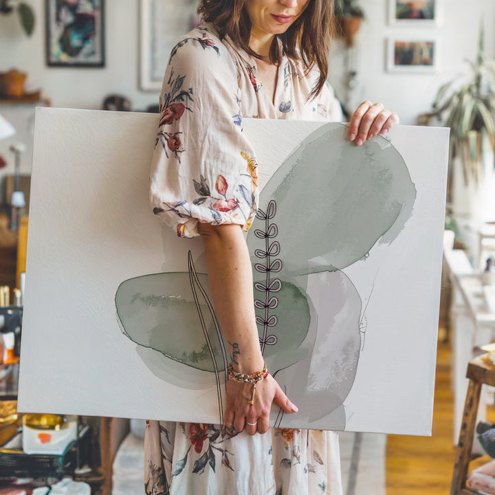 Minimal Botanical Stem Canvas – Black Line Art with Green Watercolor Accents - Gifitto