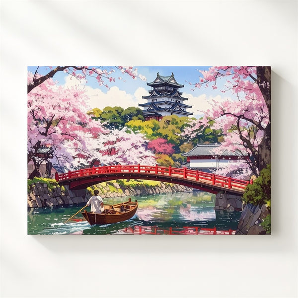 Sakura River & Castle Canvas – Japanese Red Bridge Spring Landscape Art - Gifitto