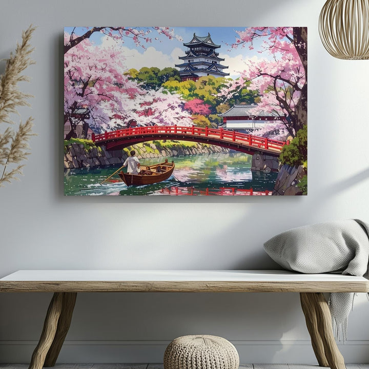 Sakura River & Castle Canvas – Japanese Red Bridge Spring Landscape Art - Gifitto