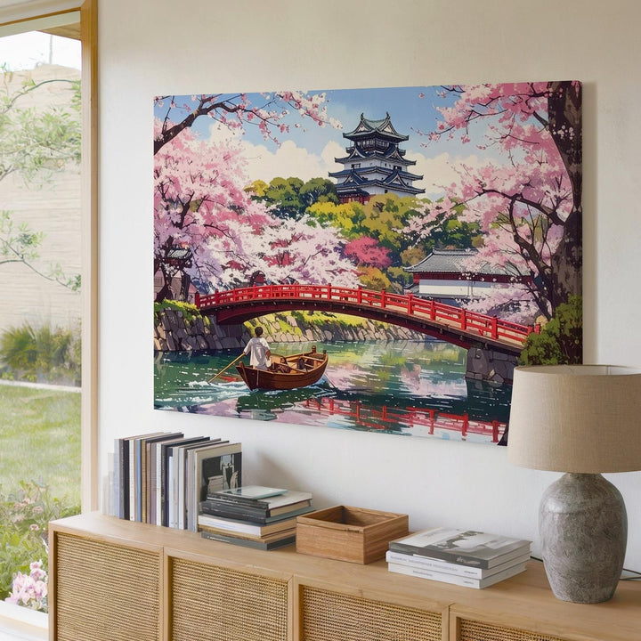 Sakura River & Castle Canvas – Japanese Red Bridge Spring Landscape Art - Gifitto