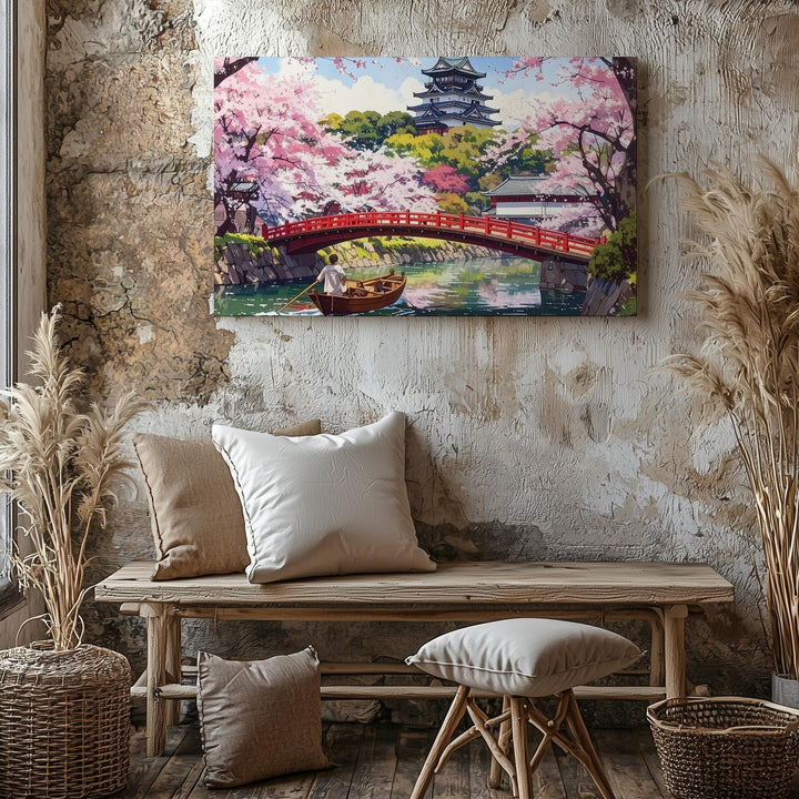 Sakura River & Castle Canvas – Japanese Red Bridge Spring Landscape Art - Gifitto
